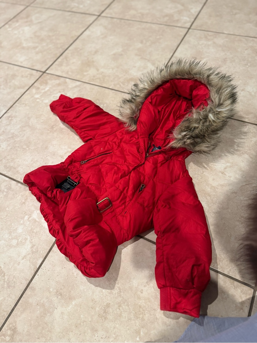 Ralph Lauren Kids Red Quilted Puffer Jacket with Faux-Fur Hood